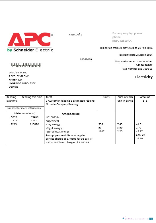 United Kingdom APC electricity business utility bill template in Word and PDF formats